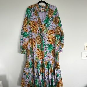 Farm rio Xl midi long sleeve pineapple print dress. Tie waist. Pleated bottom